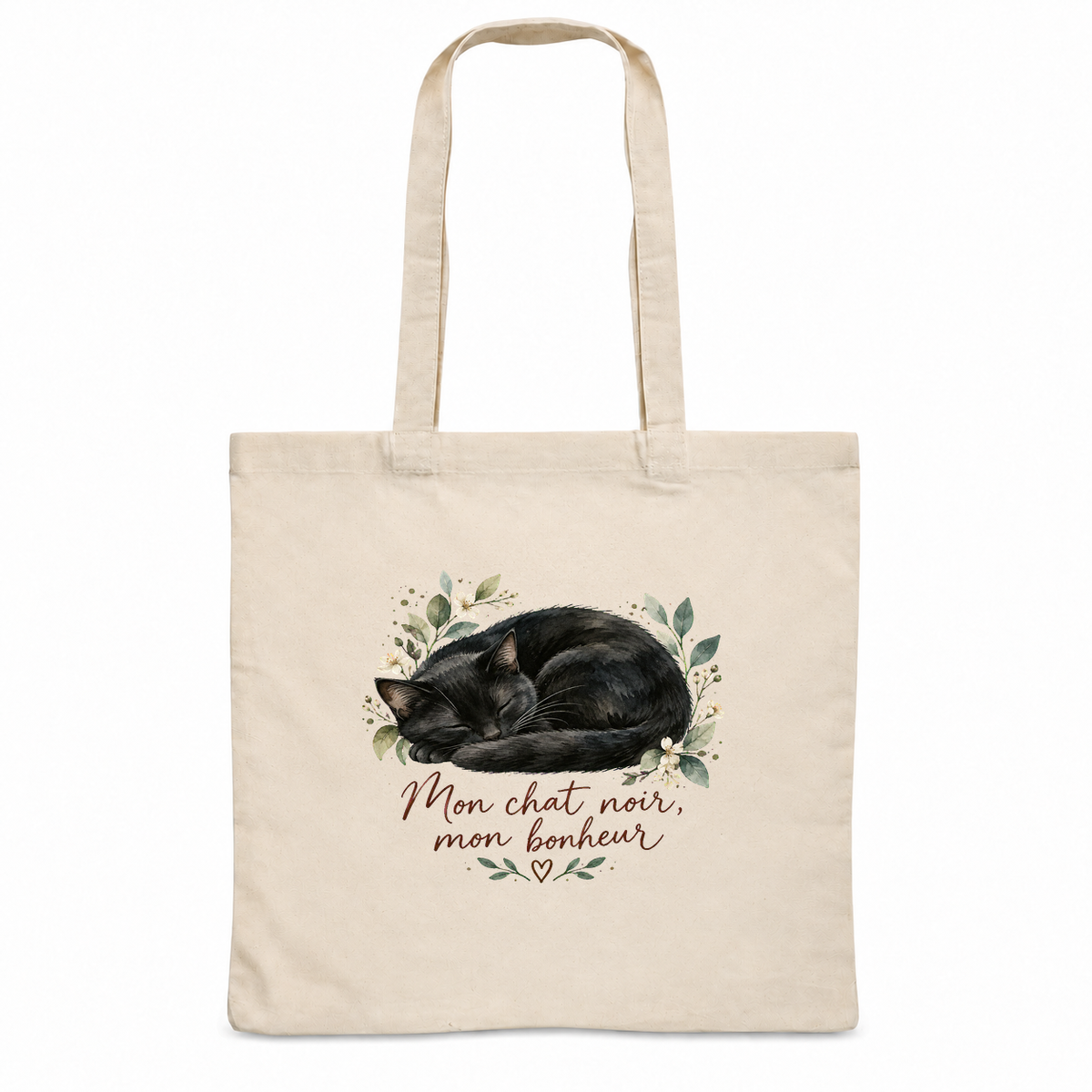 Tote bag chat noir « Mon chat noir, mon bonheur » Essentiel, sac plat en coton naturel 140 g/m² de 38 × 42 cm, portrait à l'aquarelle d'un chat noir endormi en boule