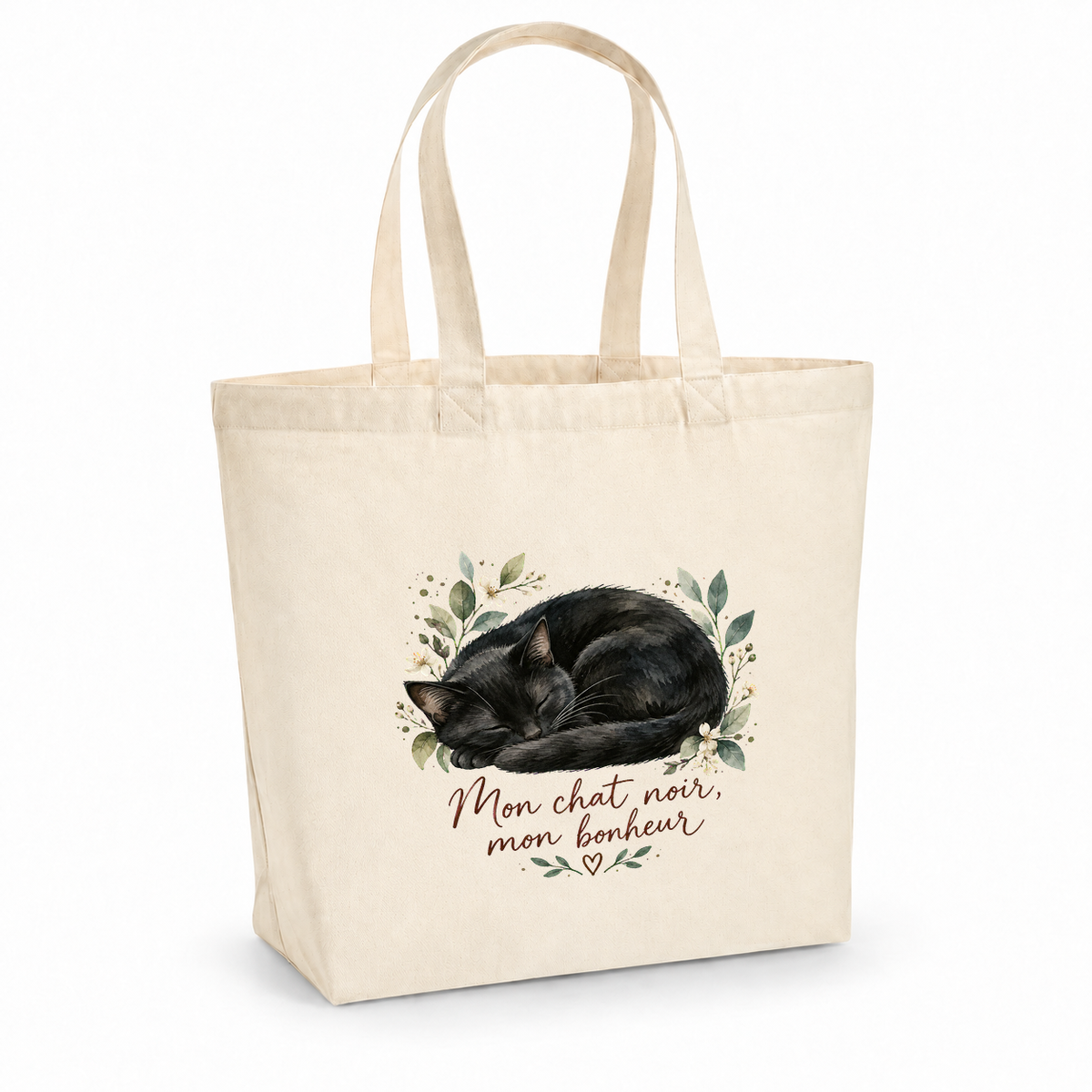 Tote bag chat noir « Mon chat noir, mon bonheur » Premium, cabas à soufflet en coton naturel 200 g/m² de 18 litres, portrait à l'aquarelle d'un chat noir endormi en boule
