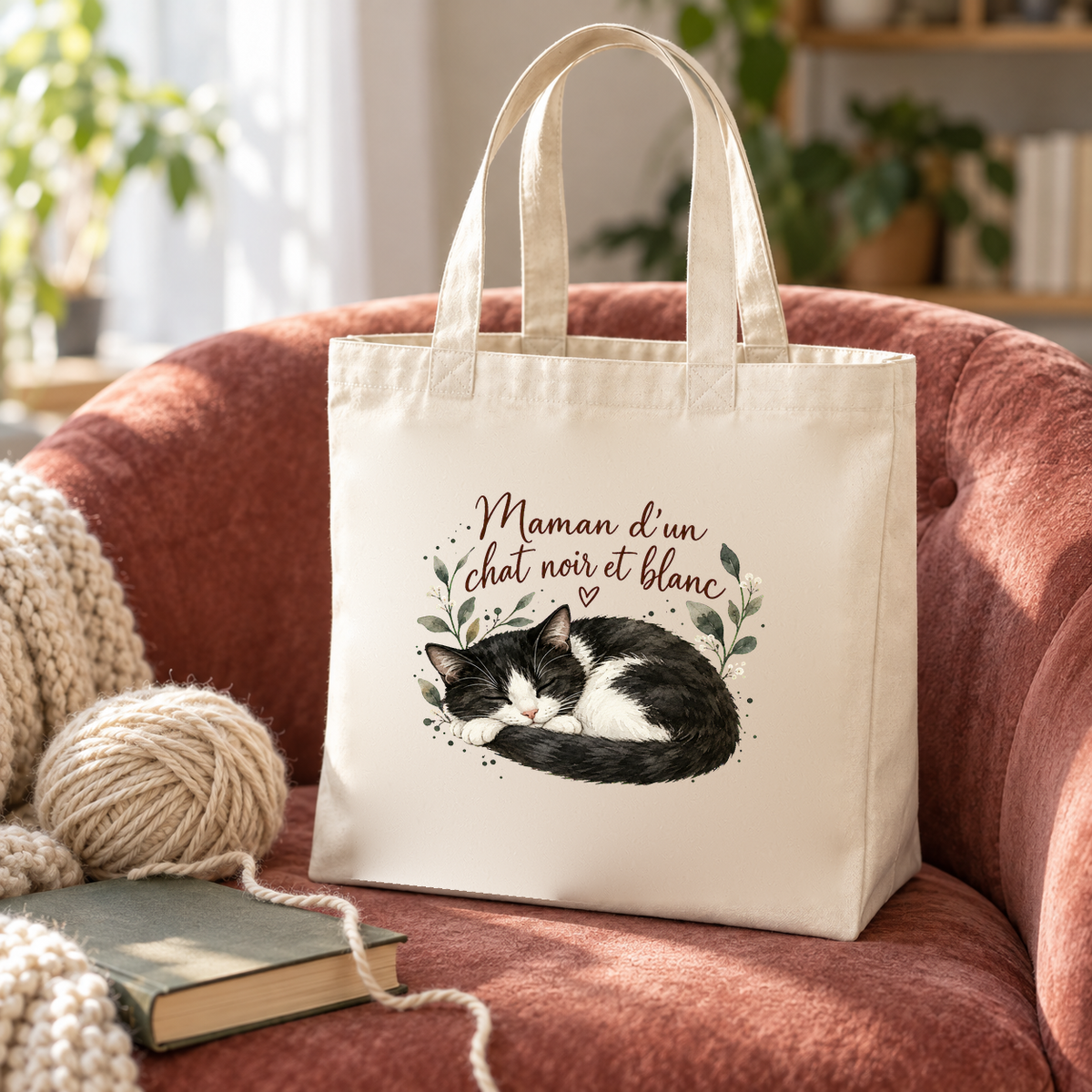 Tote bag chat noir et blanc « Maman d'un chat noir et blanc » Premium posé sur un fauteuil en velours, à côté d'une pelote de laine et d'un livre