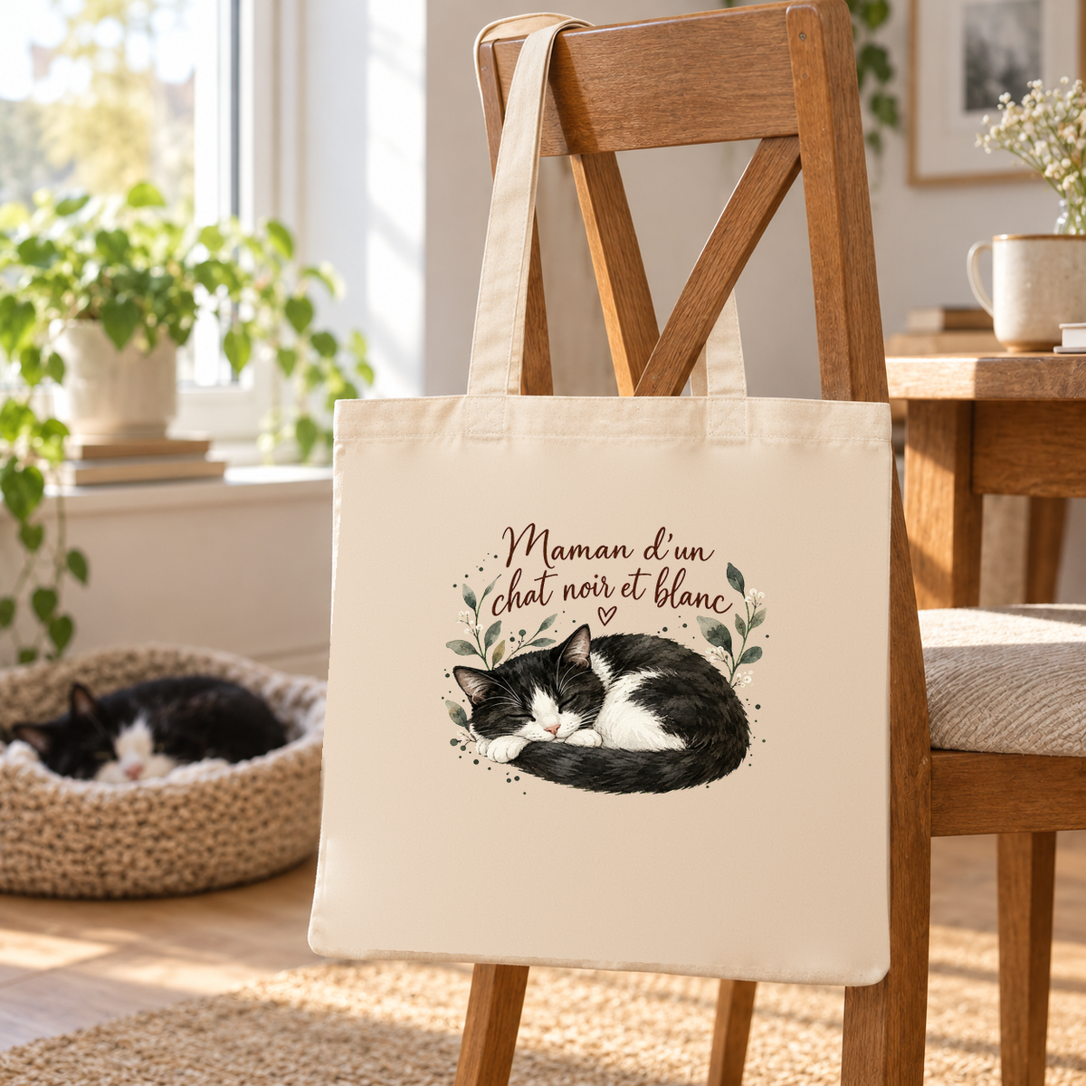 Tote bag chat noir et blanc « Maman d'un chat noir et blanc » Essentiel suspendu à une chaise de salle à manger, un chat endormi dans son panier