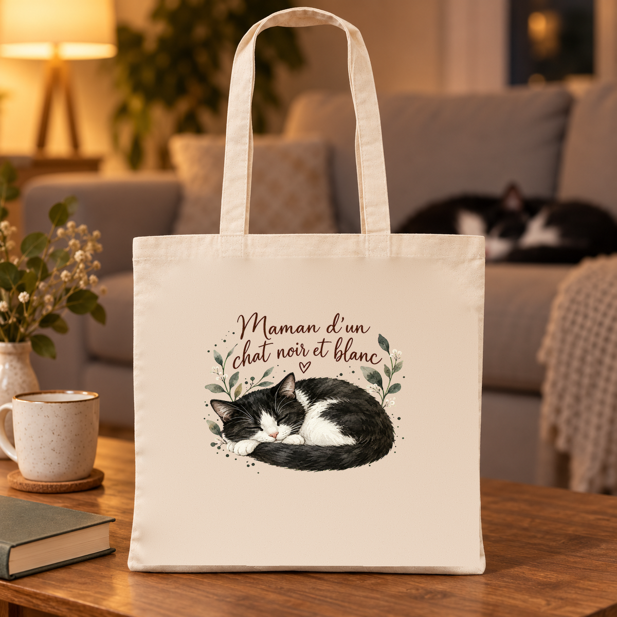 Tote bag chat noir et blanc « Maman d'un chat noir et blanc » Essentiel posé sur une table basse à la lueur d'une lampe, à côté d'un mug et d'un livre