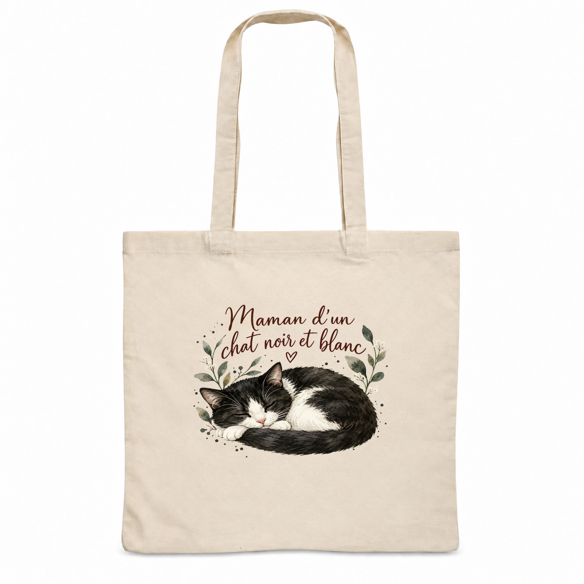 Tote bag chat noir et blanc « Maman d'un chat noir et blanc » Essentiel, sac plat en coton naturel 140 g/m² de 38 × 42 cm, portrait à l'aquarelle d'un chat noir et blanc endormi en boule