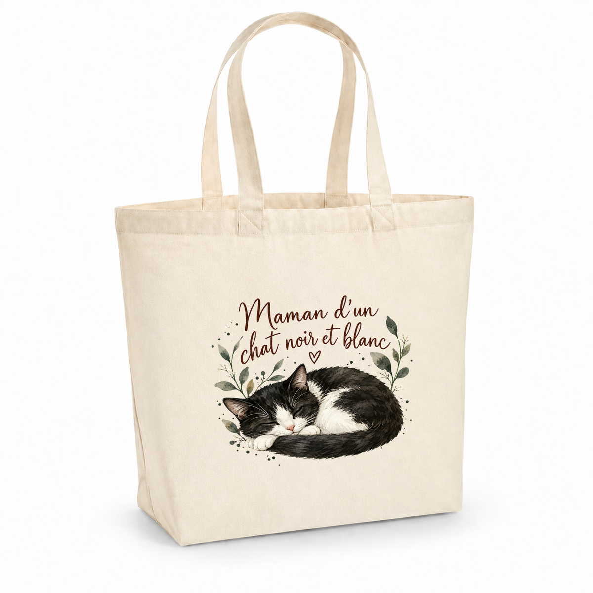 Tote bag chat noir et blanc « Maman d'un chat noir et blanc » Premium, cabas à soufflet en coton naturel 200 g/m² de 18 litres, portrait à l'aquarelle d'un chat noir et blanc endormi en boule