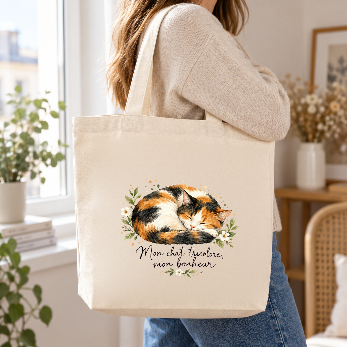 Tote bag chat tricolore « Mon chat tricolore, mon bonheur » Premium porté à l'épaule dans un salon lumineux
