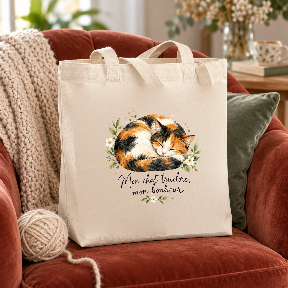 Tote bag chat tricolore « Mon chat tricolore, mon bonheur » Premium posé sur un fauteuil en velours rose, à côté d'un plaid et d'une pelote de laine