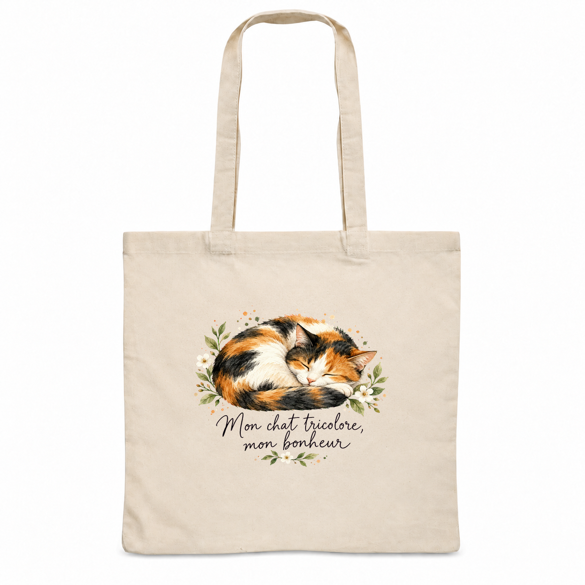 Tote bag chat tricolore « Mon chat tricolore, mon bonheur » Essentiel, sac plat en coton naturel 140 g/m² de 38 × 42 cm, portrait à l'aquarelle d'un chat tricolore endormi en boule