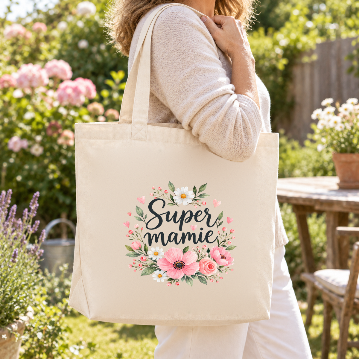 Tote bag mamie « Super mamie » Premium porté à l'épaule dans un jardin fleuri