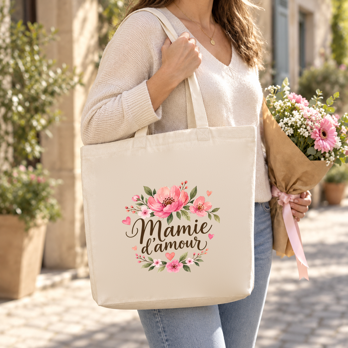 Tote bag mamie « Mamie d'amour » Premium porté à l'épaule dans une rue fleurie, un bouquet de fleurs à la main