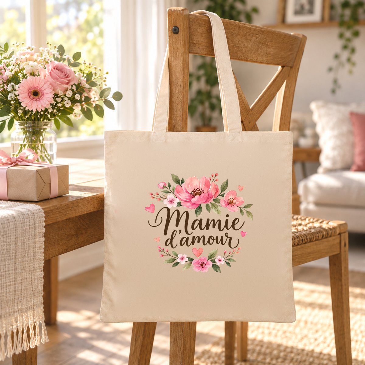 Tote bag mamie « Mamie d'amour » Essentiel suspendu à une chaise en bois dans un salon lumineux, à côté d'un bouquet