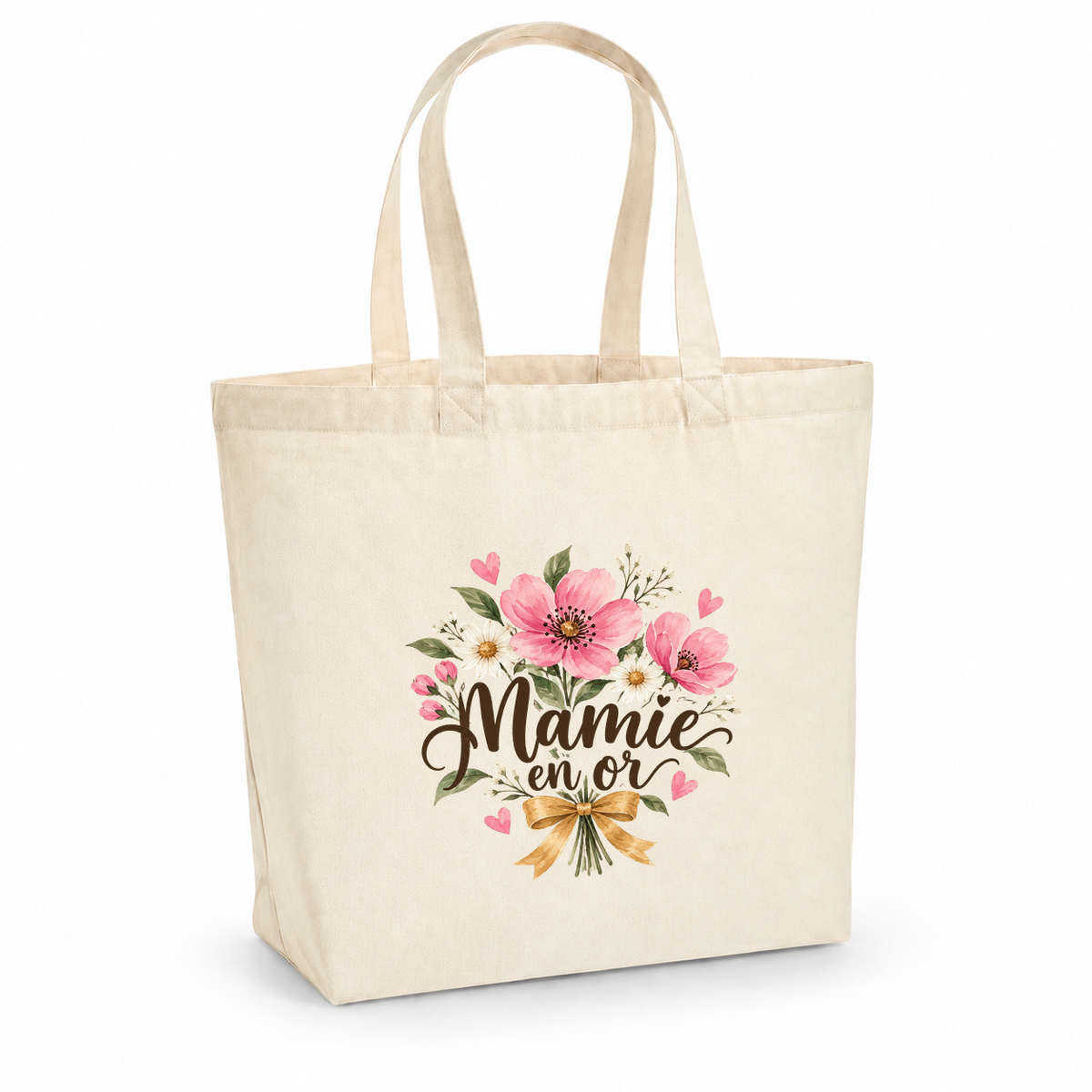 Tote bag mamie « Mamie en or » Premium, cabas à soufflet en coton naturel 200 g/m² de 18 litres, illustration à l'aquarelle d'un bouquet de fleurs roses noué d'un ruban doré
