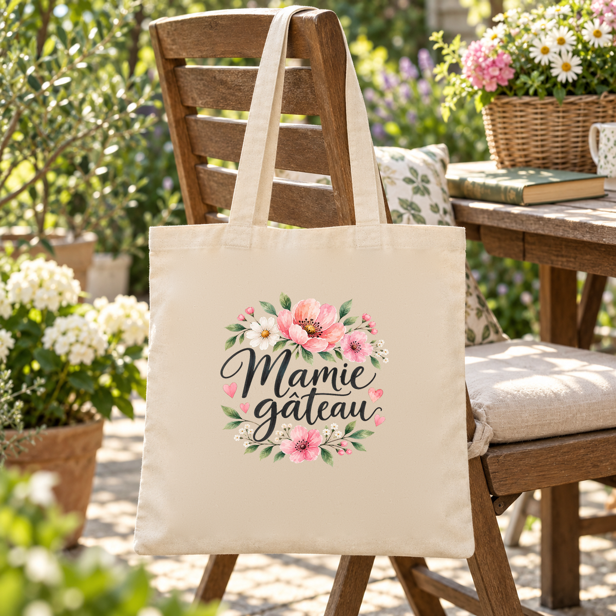 Tote bag mamie « Mamie gâteau » Essentiel suspendu à une chaise de jardin, à côté d'un panier de fleurs