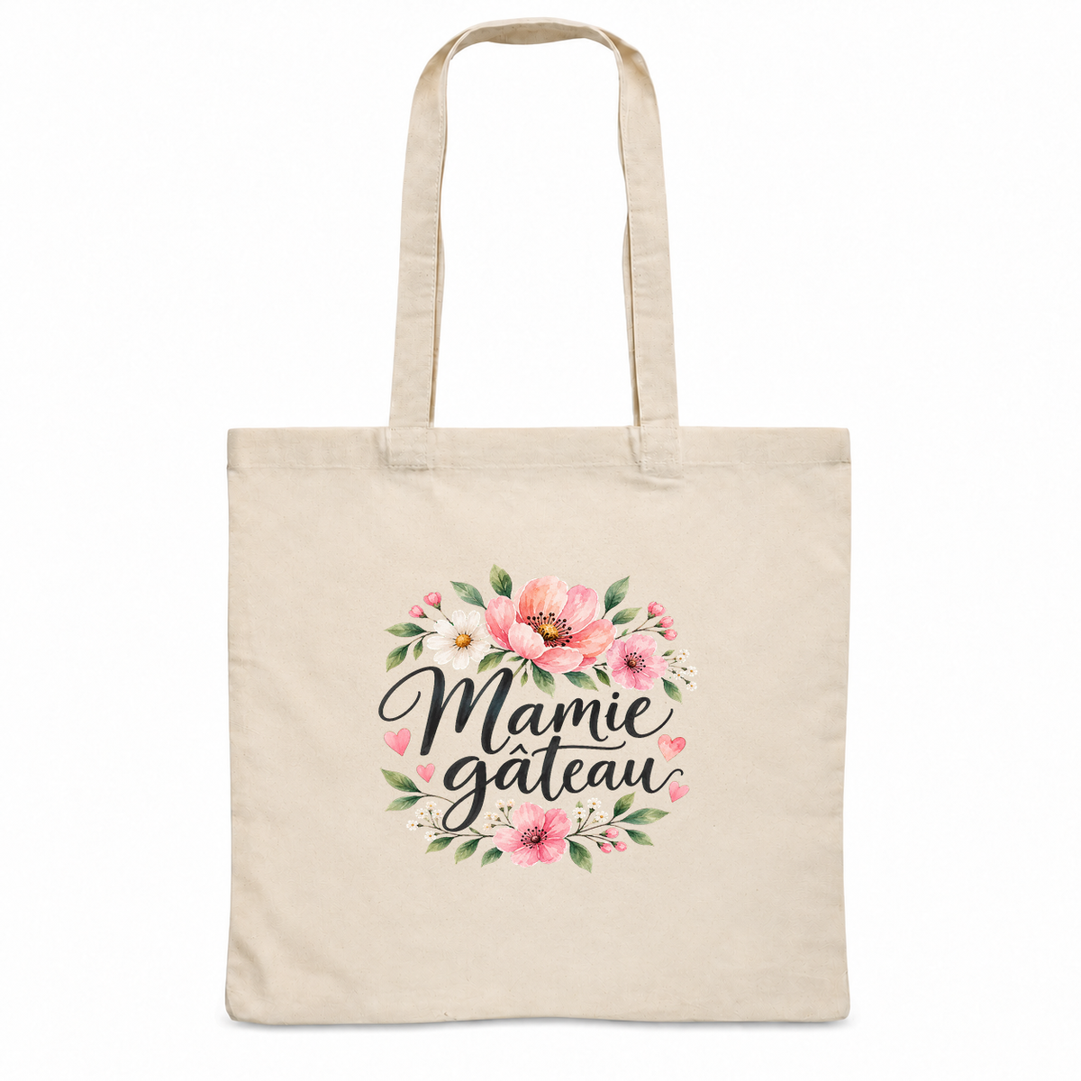 Tote bag mamie « Mamie gâteau » Essentiel, sac plat en coton naturel 140 g/m² de 38 × 42 cm, illustration à l'aquarelle d'une couronne de fleurs roses et blanches