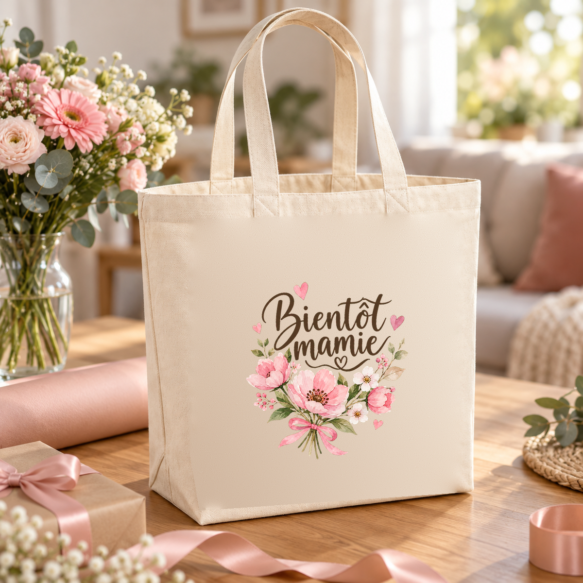 Tote bag future mamie « Bientôt mamie » Premium posé sur une table en bois, entre papier cadeau, rubans et bouquet de fleurs