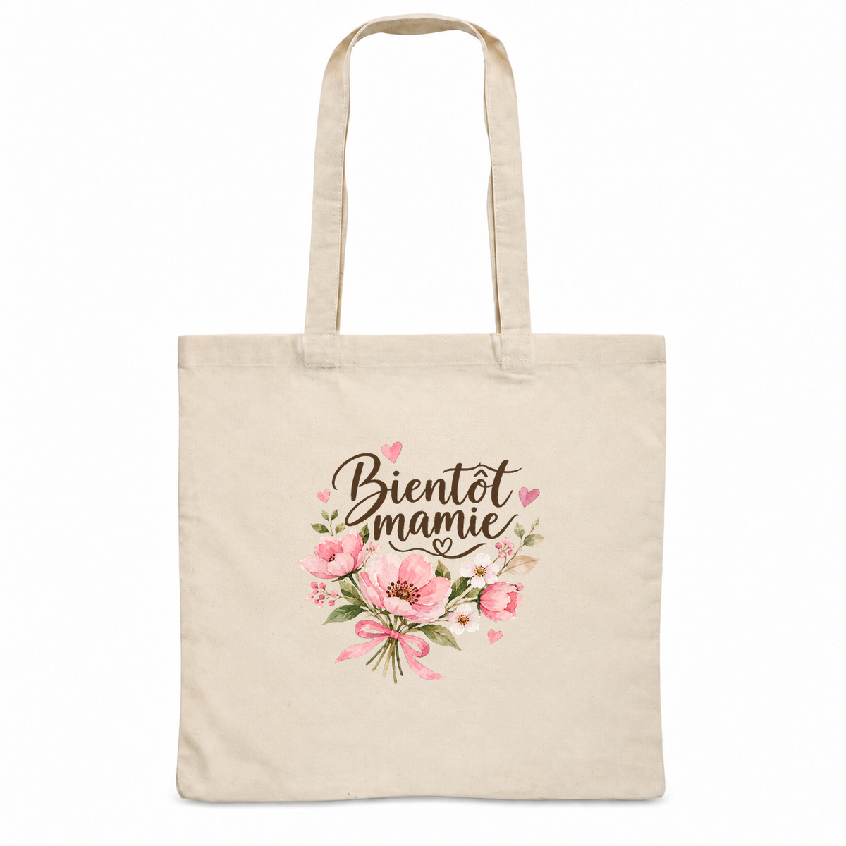 Tote bag future mamie « Bientôt mamie » Essentiel, sac plat en coton naturel 140 g/m² de 38 × 42 cm, illustration à l'aquarelle d'un bouquet de fleurs roses noué d'un ruban