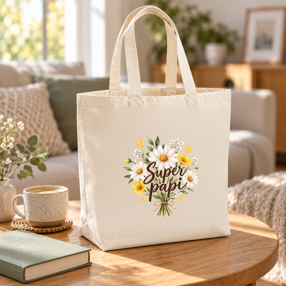 Tote bag papi « Super papi » Premium posé sur une table basse, à côté d'une tasse et d'un livre