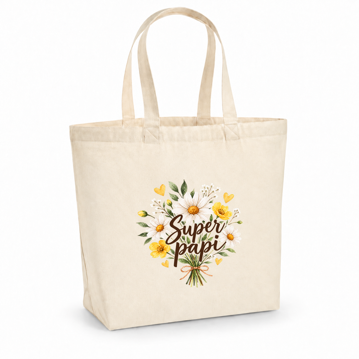 Tote bag papi « Super papi » Premium, cabas à soufflet en coton naturel 200 g/m² de 18 litres, illustration à l'aquarelle d'un bouquet de marguerites et de fleurs jaunes