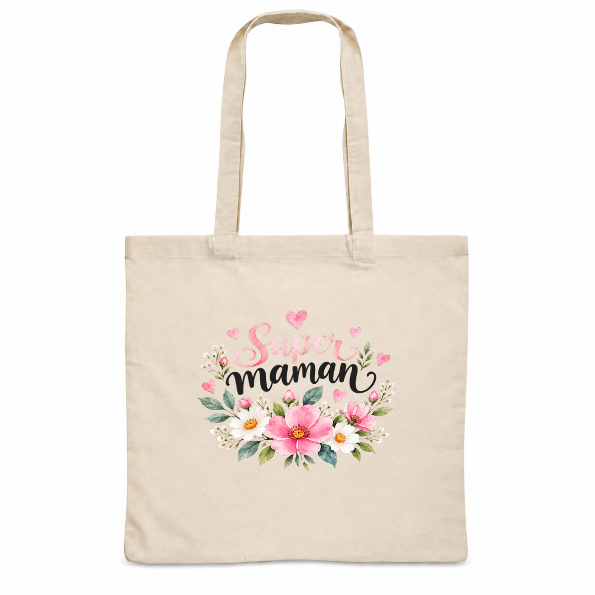 Tote bag maman « Super maman » Essentiel, sac plat en coton naturel 140 g/m² de 38 × 42 cm, illustration à l'aquarelle d'un bouquet de fleurs roses et blanches
