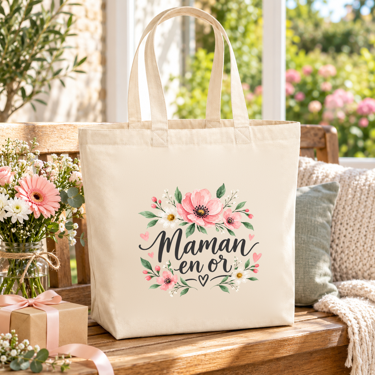 Tote bag maman « Maman en or » Premium posé sur une table de jardin, à côté d'un bouquet de fleurs et d'un cadeau