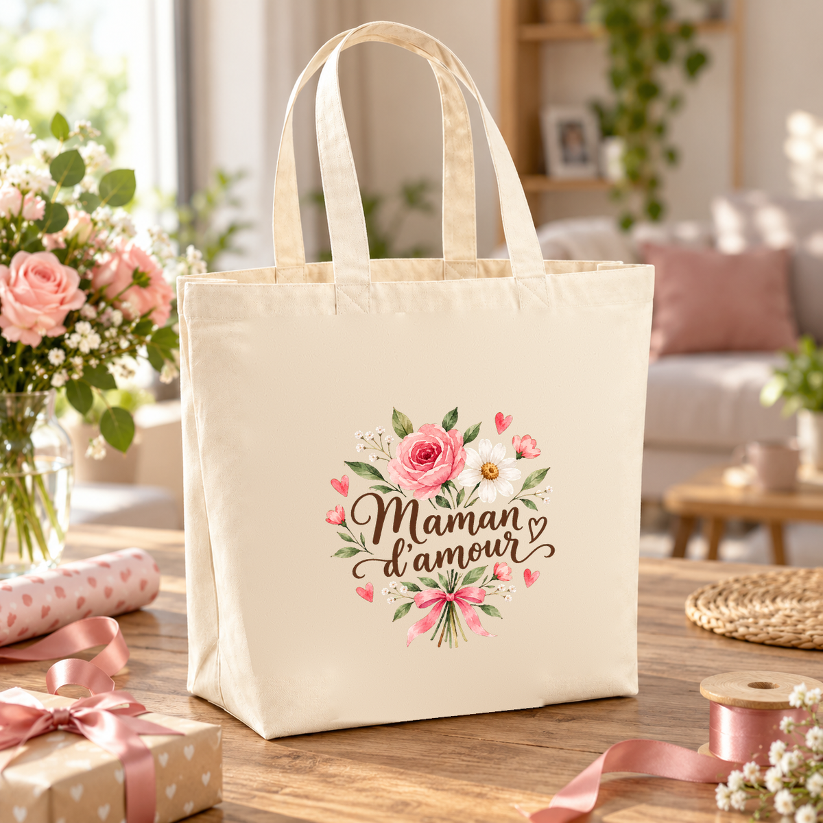 Tote bag maman « Maman d'amour » Premium posé sur une table en bois, entre papier cadeau, rubans et bouquet de fleurs