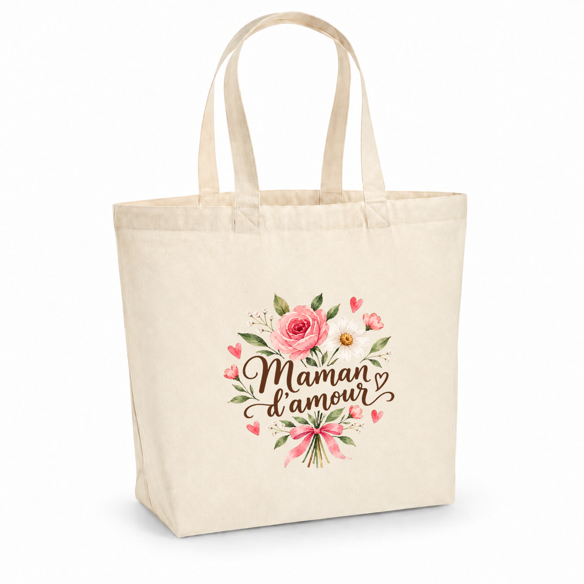 Tote bag maman « Maman d'amour » Premium, cabas à soufflet en coton naturel 200 g/m² de 18 litres, illustration à l'aquarelle d'un bouquet de roses noué d'un ruban rose