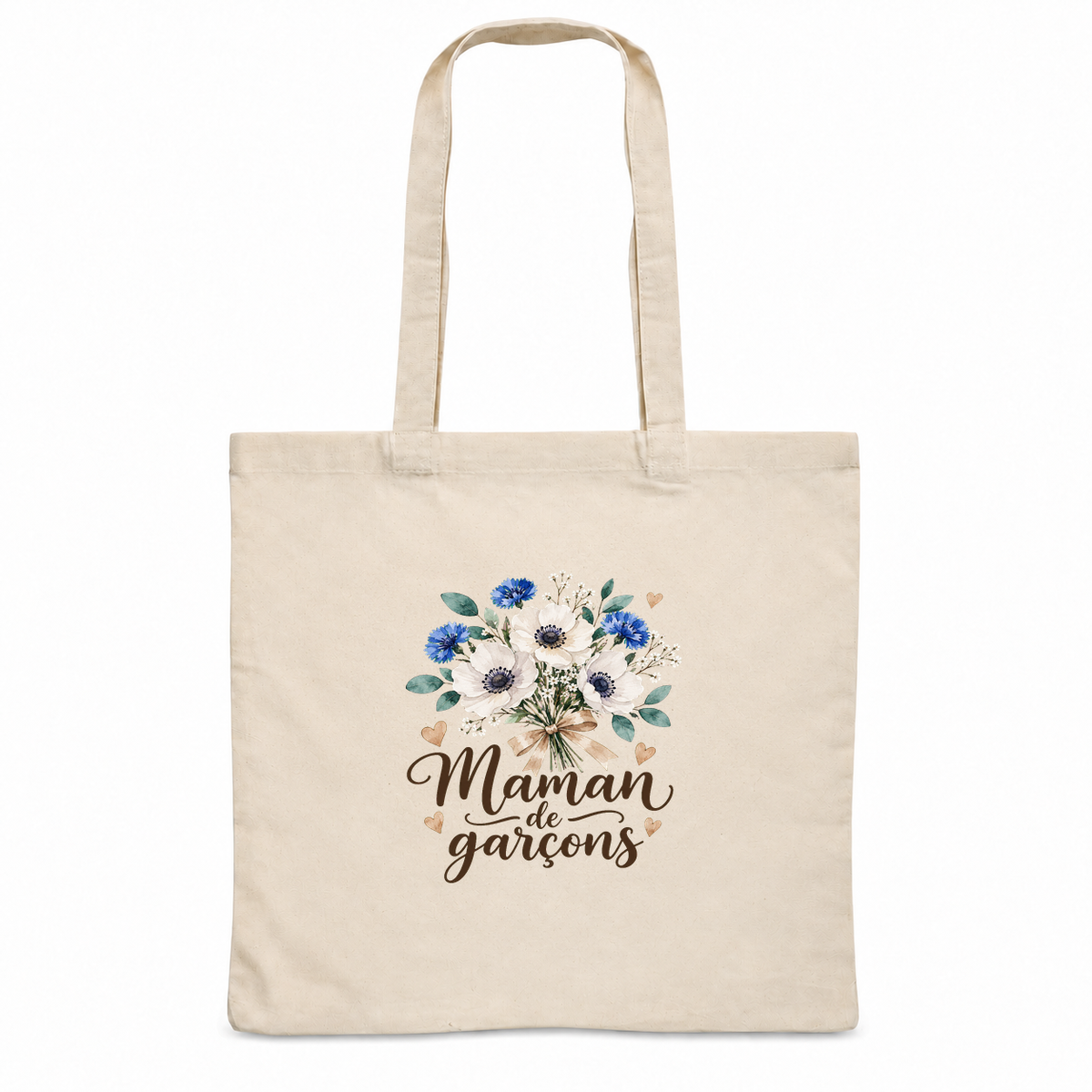Tote bag maman « Maman de garçons » Essentiel, sac plat en coton naturel 140 g/m² de 38 × 42 cm, illustration à l'aquarelle d'un bouquet d'anémones blanches et de bleuets