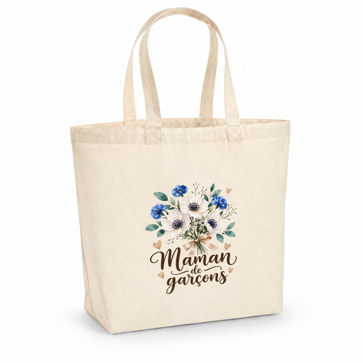 Tote bag maman « Maman de garçons » Premium, cabas à soufflet en coton naturel 200 g/m² de 18 litres, illustration à l'aquarelle d'un bouquet d'anémones blanches et de bleuets