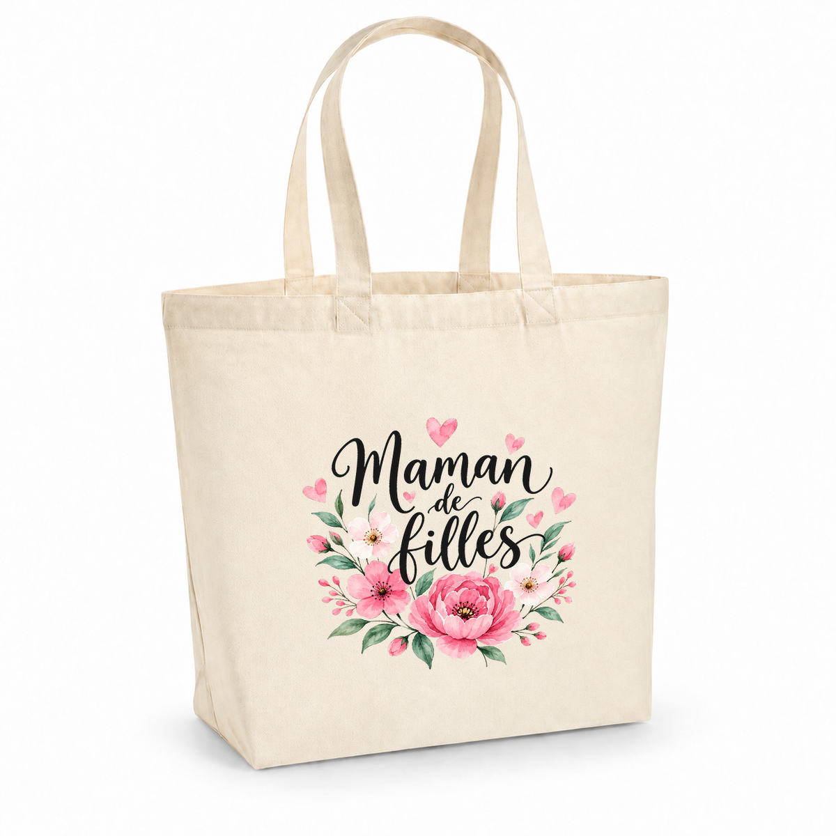 Tote bag maman « Maman de filles » Premium, cabas à soufflet en coton naturel 200 g/m² de 18 litres, illustration à l'aquarelle d'un bouquet de pivoines roses