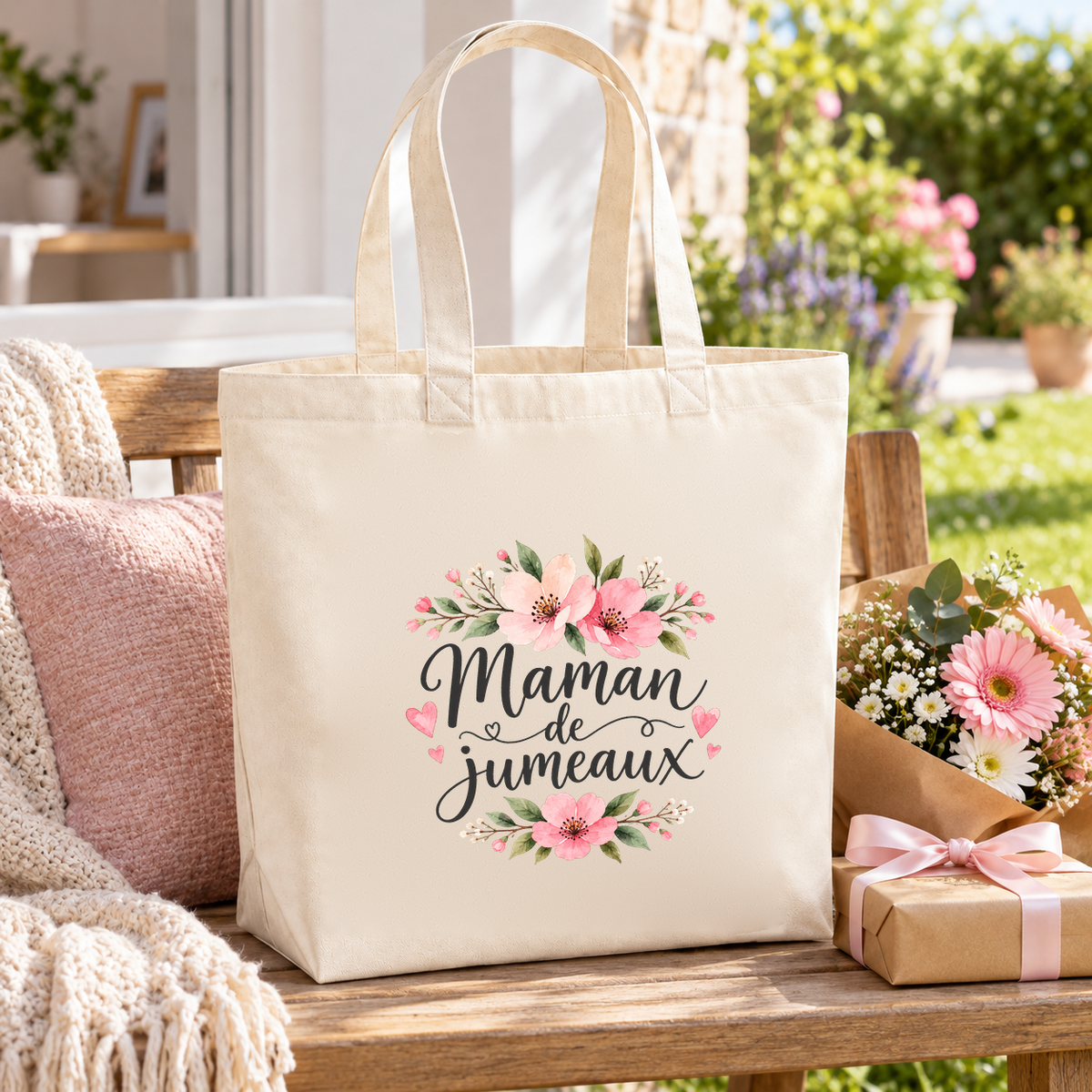 Tote bag maman de jumeaux « Maman de jumeaux » Premium posé sur une table de jardin, à côté d'un bouquet de fleurs et d'un cadeau
