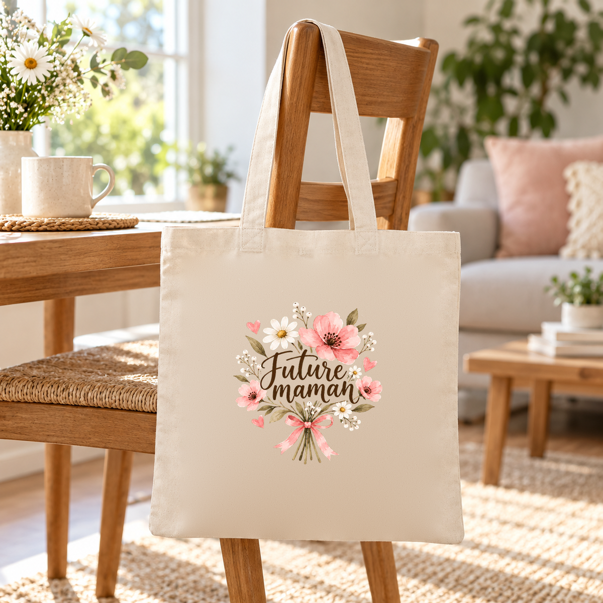 Tote bag future maman « Future maman » Essentiel suspendu à une chaise en bois dans un salon lumineux, à côté d'un bouquet