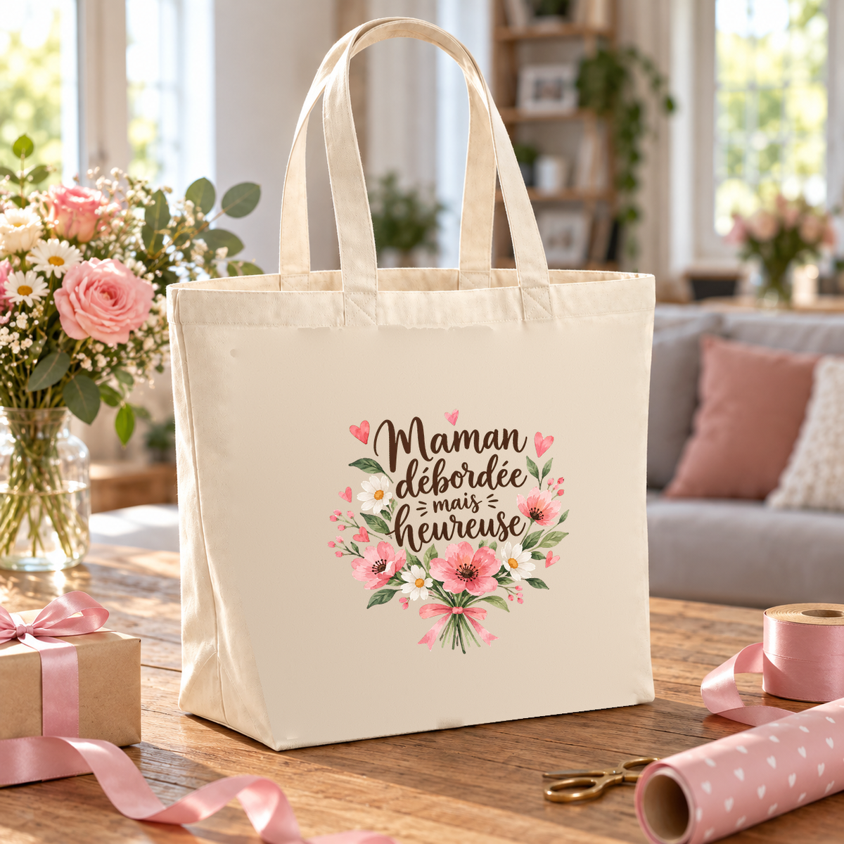 Tote bag maman « Maman débordée mais heureuse » Premium posé sur une table entre papier cadeau, ruban et bouquet de roses