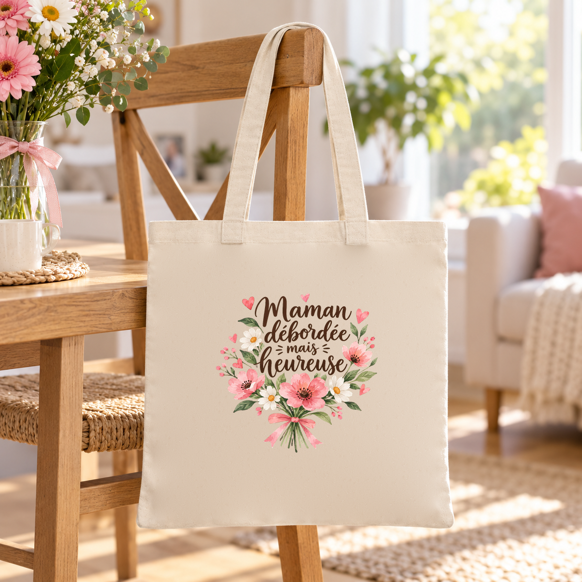 Tote bag maman « Maman débordée mais heureuse » Essentiel suspendu à une chaise de salle à manger