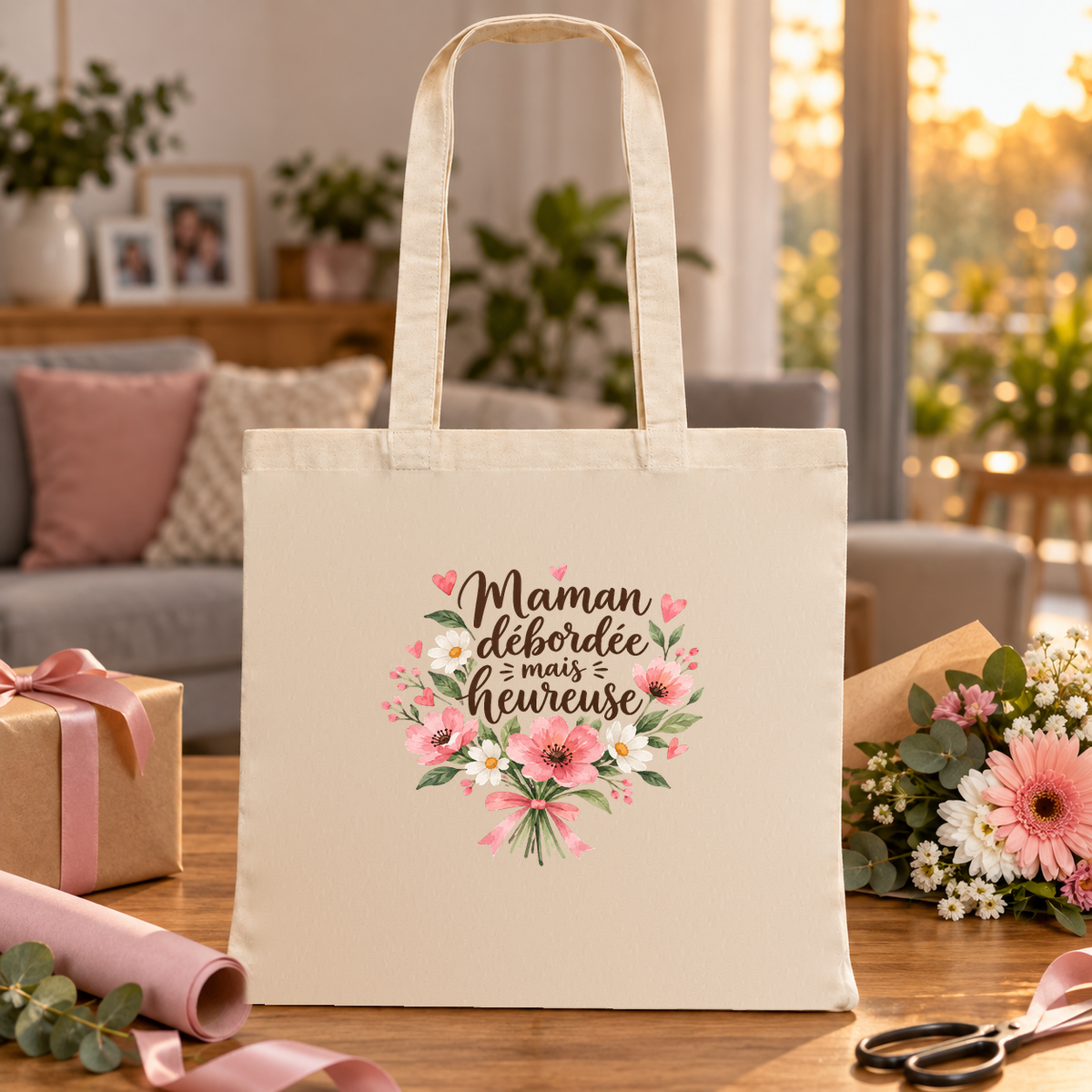 Tote bag maman « Maman débordée mais heureuse » Essentiel posé sur une table à côté de cadeaux et d'un bouquet