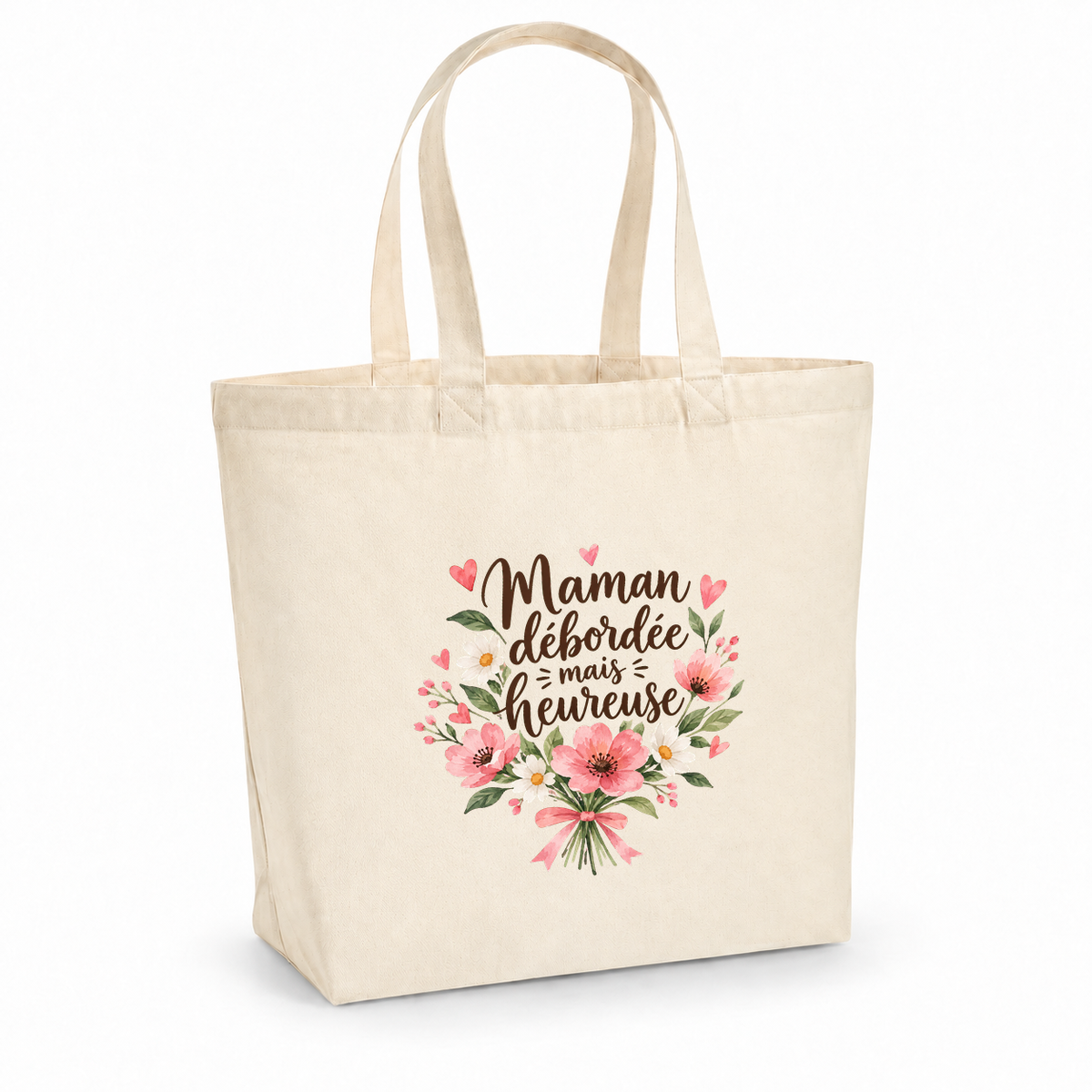 Tote bag maman « Maman débordée mais heureuse » Premium, cabas à soufflet en coton naturel 200 g/m² de 18 litres, illustration à l'aquarelle d'un bouquet de fleurs roses et blanches