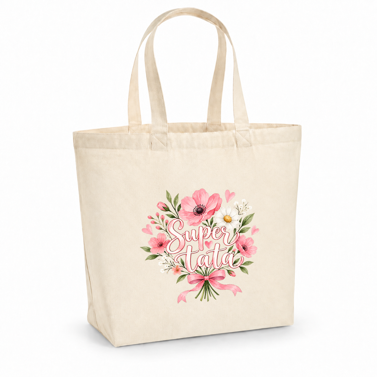 Tote bag tata « Super tata » Premium, cabas à soufflet en coton naturel 200 g/m² de 18 litres, illustration à l'aquarelle d'un bouquet d'anémones roses noué d'un ruban