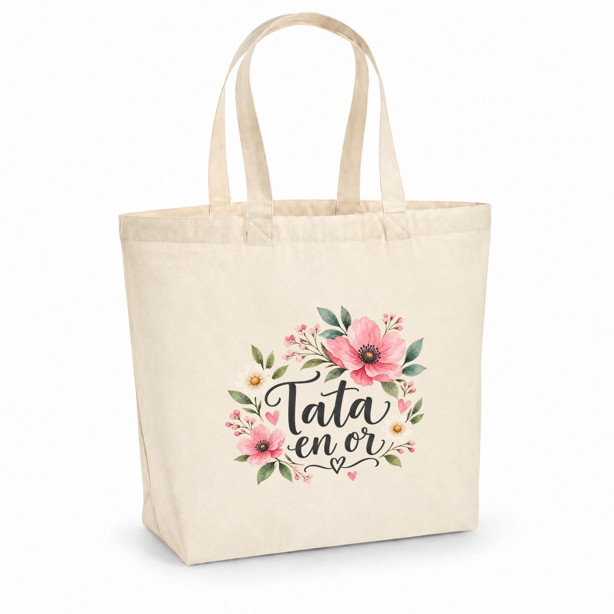 Tote bag tata « Tata en or » Premium, cabas à soufflet en coton naturel 200 g/m² de 18 litres, illustration à l'aquarelle d'une couronne de fleurs roses et de marguerites