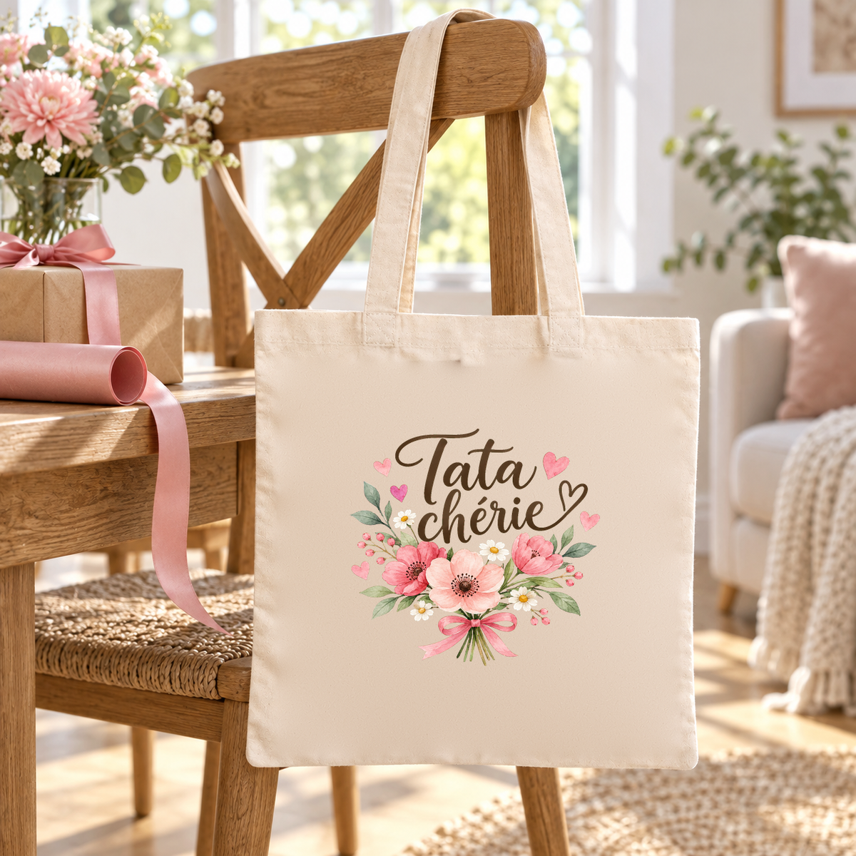 Tote bag tata « Tata chérie » Essentiel suspendu à une chaise en bois dans un salon lumineux, à côté d'un bouquet