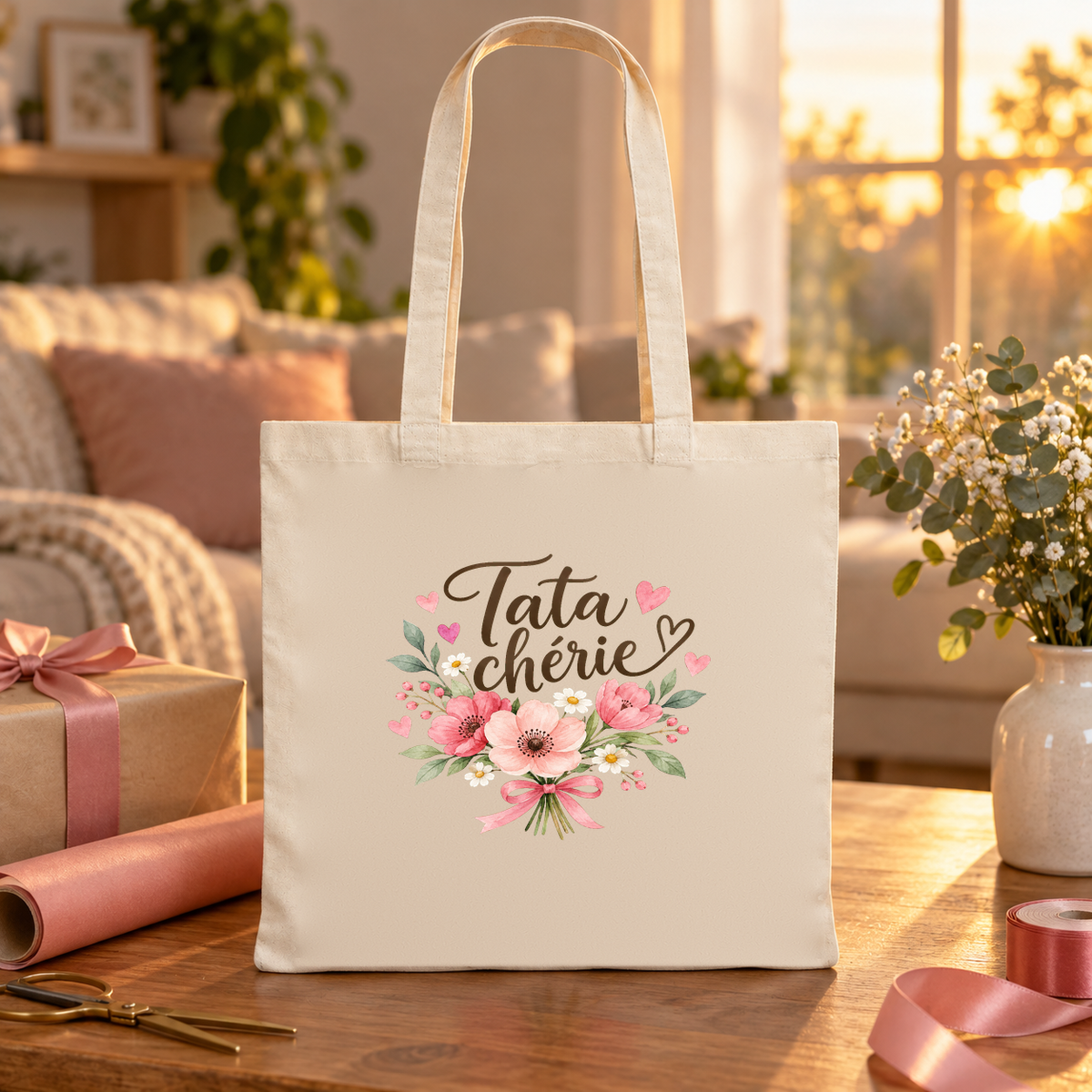 Tote bag tata « Tata chérie » Essentiel posé sur une table de salon à la lumière du soir, à côté d'un cadeau emballé