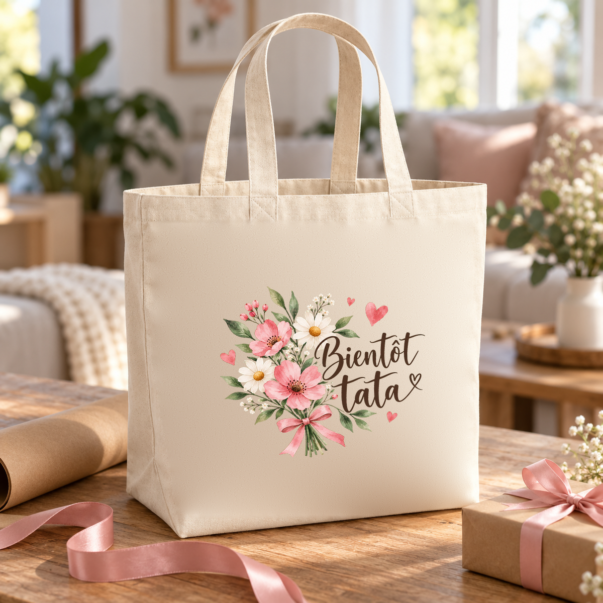 Tote bag tata « Bientôt tata » Premium posé sur une table entre papier cadeau, ruban et cadeaux