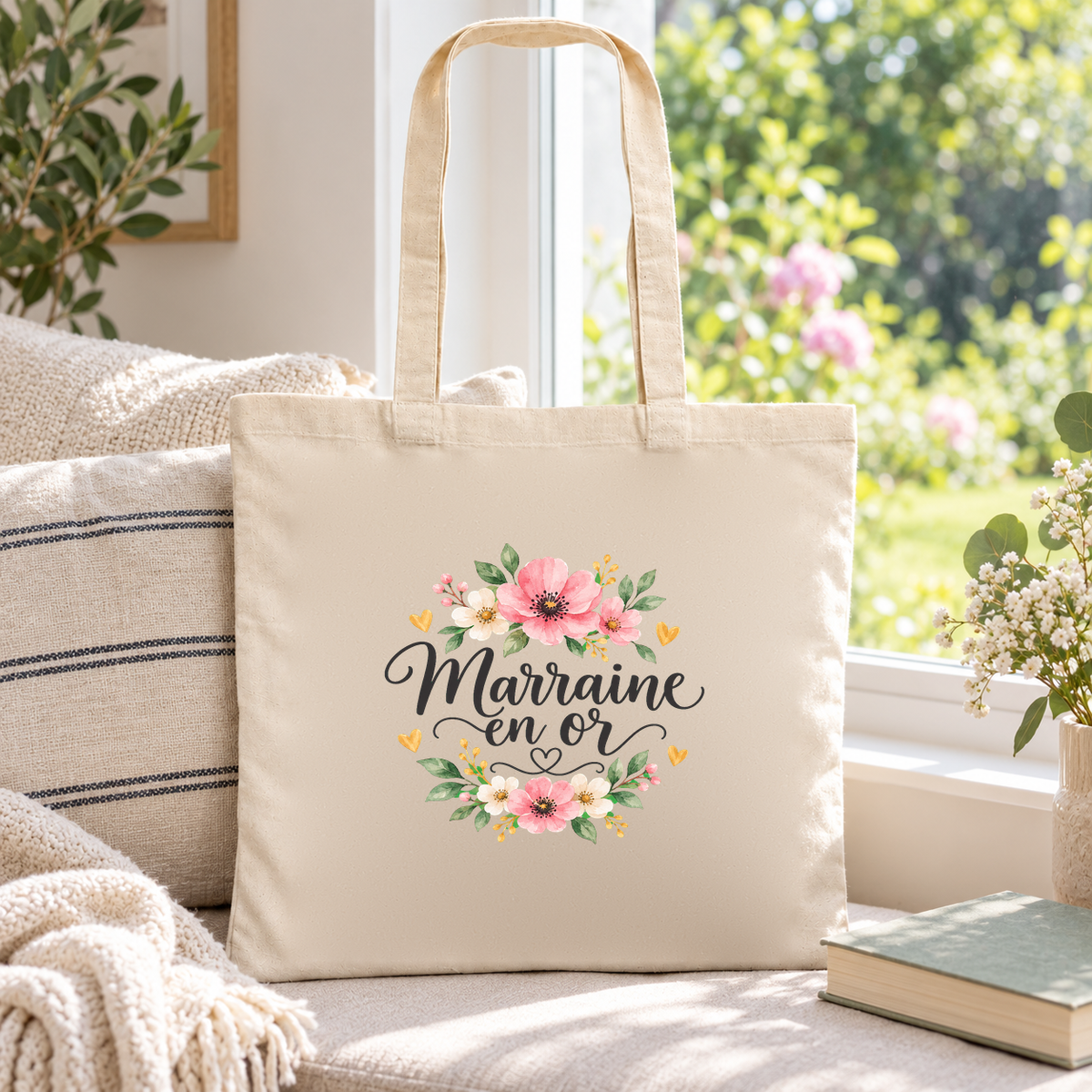Tote bag marraine « Marraine en or » Essentiel posé sur une banquette près d'une fenêtre ouverte sur le jardin, à côté d'un livre