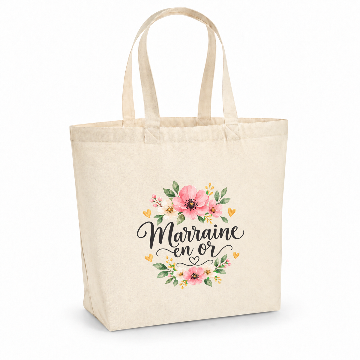Tote bag marraine « Marraine en or » Premium, cabas à soufflet en coton naturel 200 g/m² de 18 litres, illustration à l'aquarelle d'une couronne de fleurs roses et de petits cœurs dorés