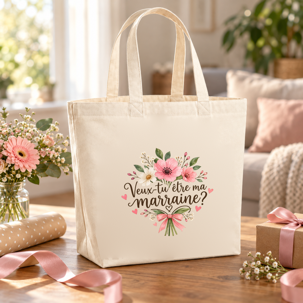 Tote bag marraine « Veux-tu être ma marraine ? » Premium posé sur une table entre papier cadeau, ruban et bouquet