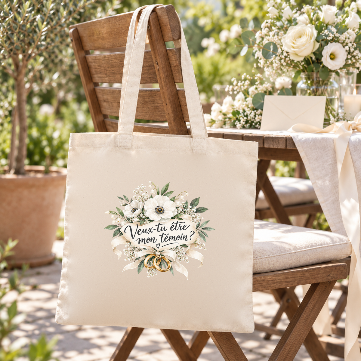 Tote bag témoin « Veux-tu être mon témoin ? » Essentiel suspendu à une chaise de jardin en bois, devant une table de mariage dressée