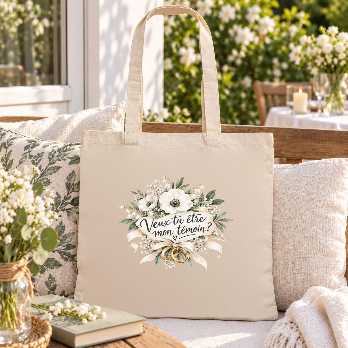 Tote bag témoin « Veux-tu être mon témoin ? » Essentiel posé sur une banquette près d'une fenêtre ouverte sur le jardin, à côté d'un bouquet blanc