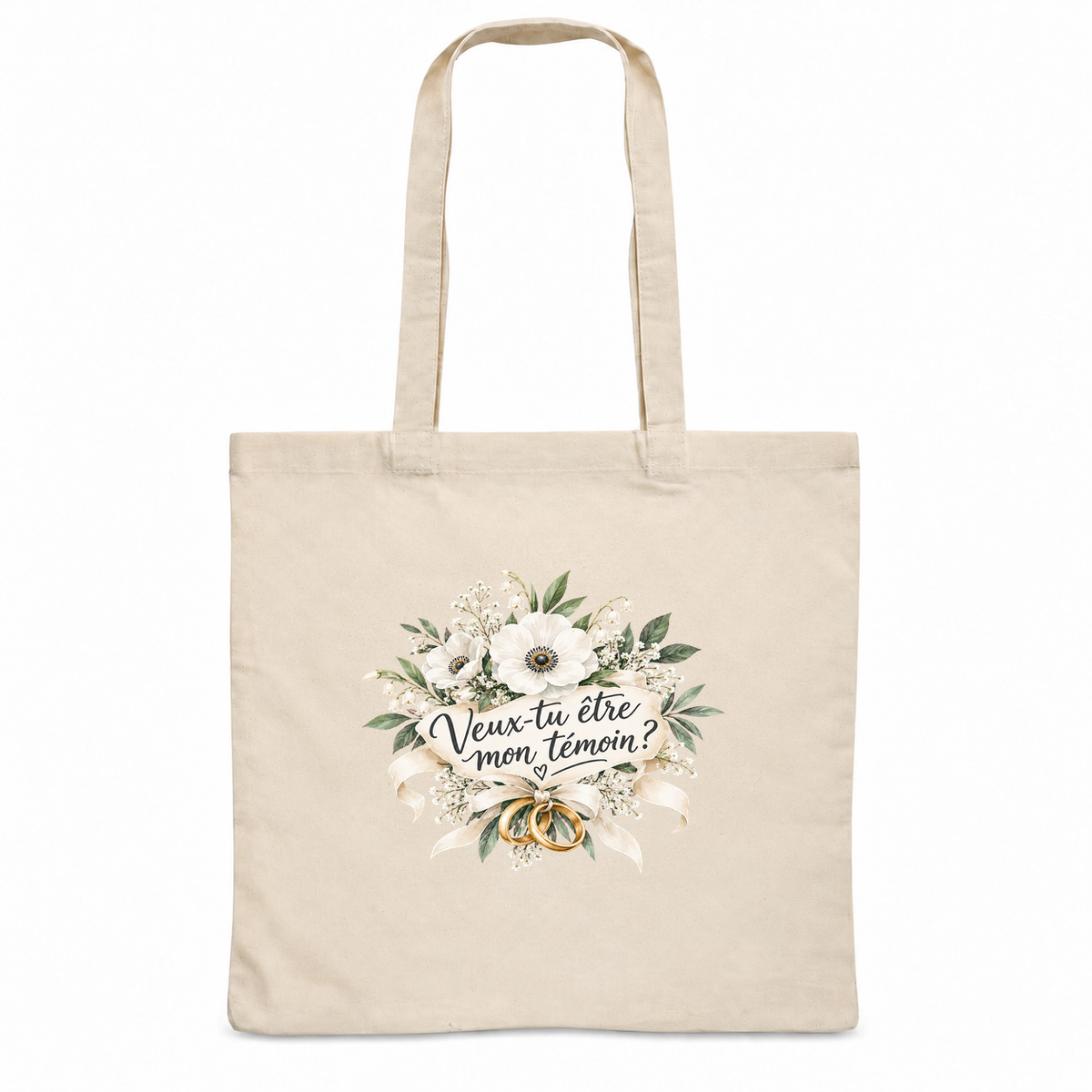 Tote bag témoin « Veux-tu être mon témoin ? » Essentiel, sac plat en coton naturel 140 g/m² de 38 × 42 cm, illustration à l'aquarelle d'un bouquet d'anémones blanches et de deux alliances dorées
