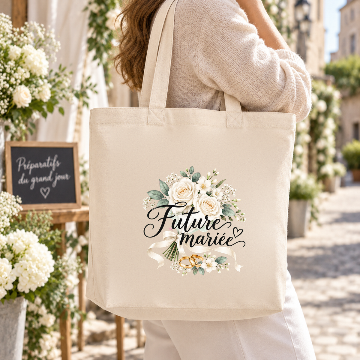 Tote bag mariage « Future mariée » Premium porté à l'épaule dans une ruelle bordée de fleurs blanches