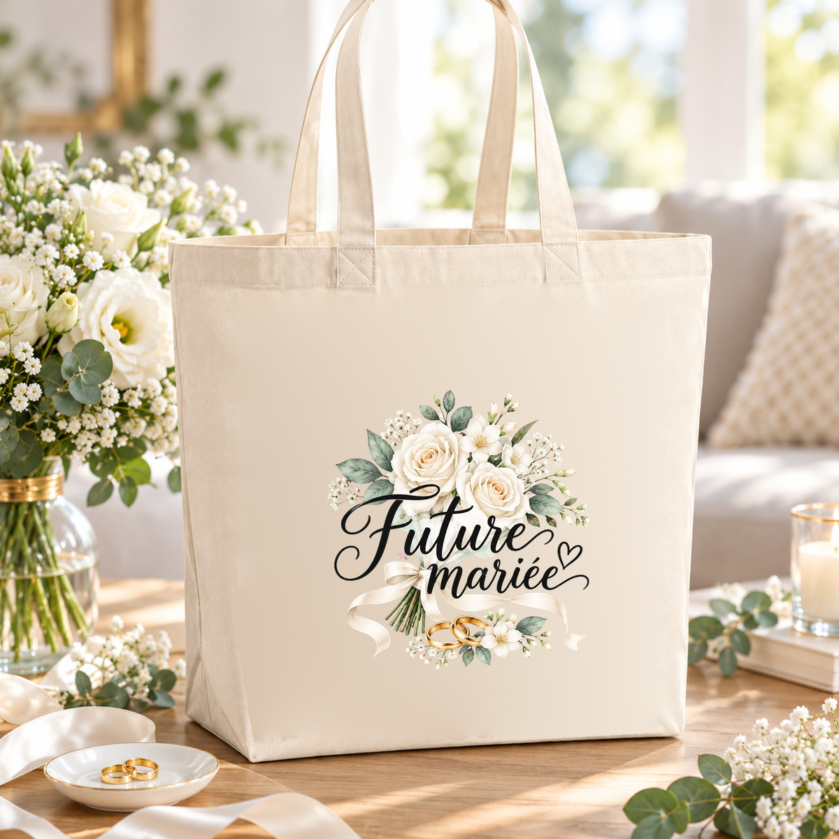 Tote bag mariage « Future mariée » Premium posé sur une table, à côté d'un bouquet blanc et de deux alliances