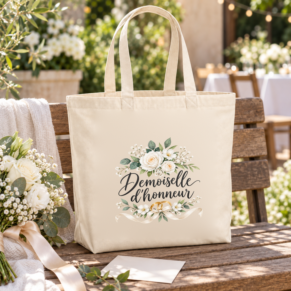 Tote bag demoiselle d'honneur « Demoiselle d'honneur » Premium posé sur une table de jardin dressée pour un mariage, à côté d'un bouquet blanc