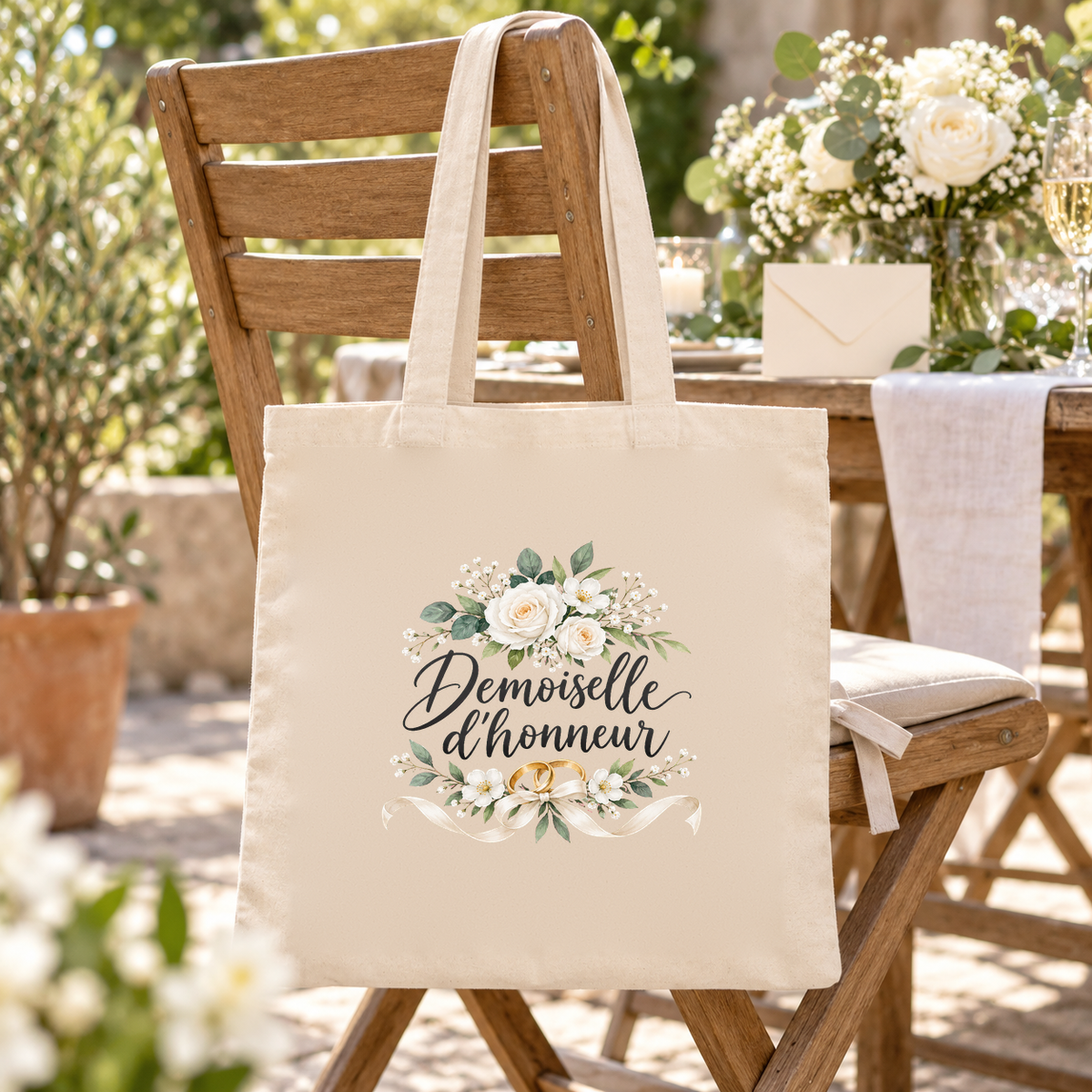 Tote bag demoiselle d'honneur « Demoiselle d'honneur » Essentiel suspendu à une chaise de jardin en bois, devant une table de mariage dressée