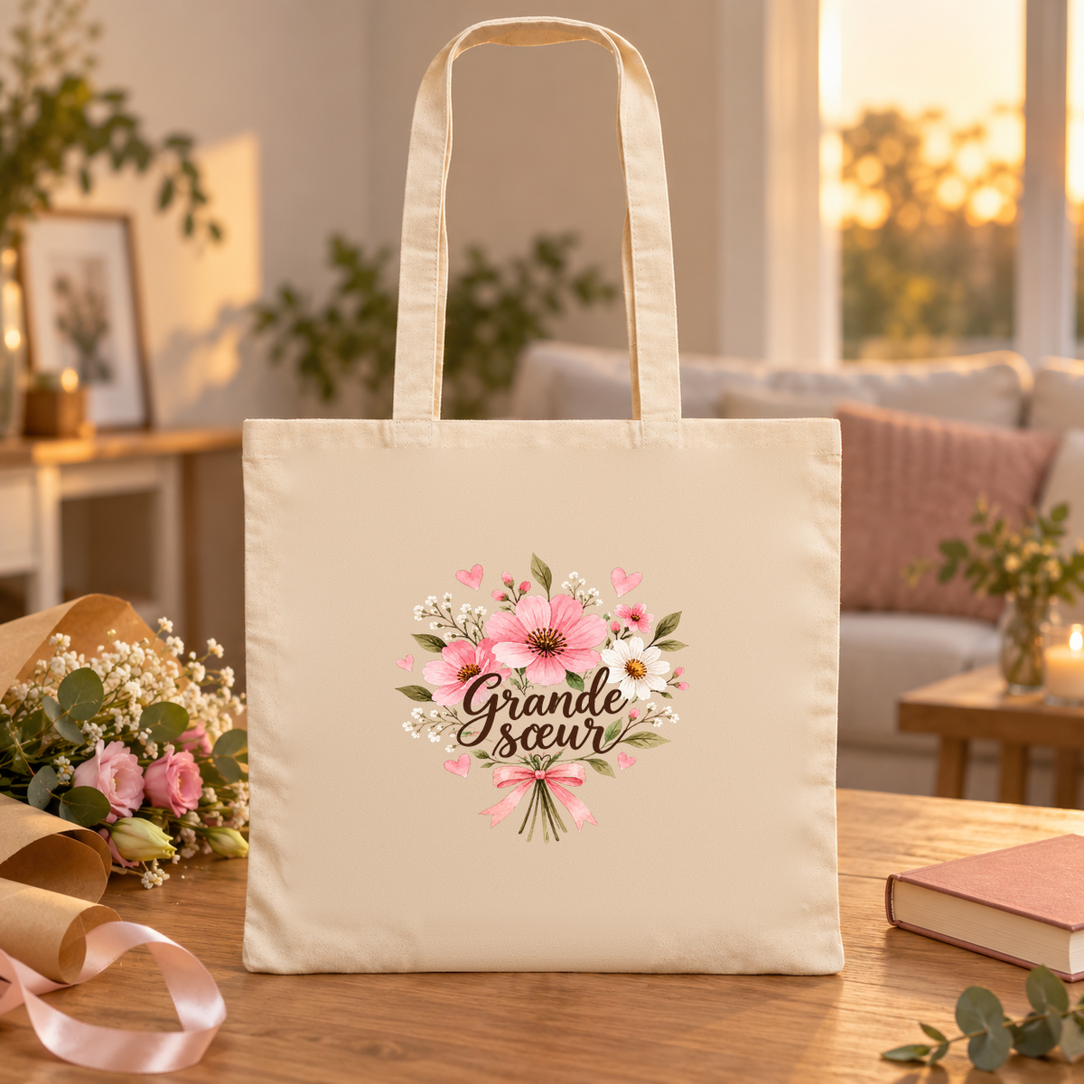 Tote bag grande sœur « Grande sœur » Essentiel posé sur une table à côté d'un cadeau et d'un bouquet