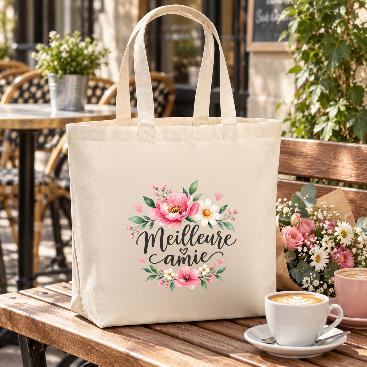 Tote bag meilleure amie « Meilleure amie » Premium posé sur une table de café en terrasse, à côté d'un cappuccino et d'un bouquet